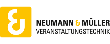Neumann & Müller GmbH & Co. KG Yellow square with white stylized combined letters 'N' and 'M', next to the text 'NEUMANN & MÜLLER VERANSTALTUNGSTECHNIK' in uppercase.