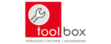 Toolbox Exposhop GmbH Red square with gray circle containing a wrench. Next to it, 'toolbox' in gray and red. Below, 'WERKZEUG | TECHNIK | MESSEBEDARF'.